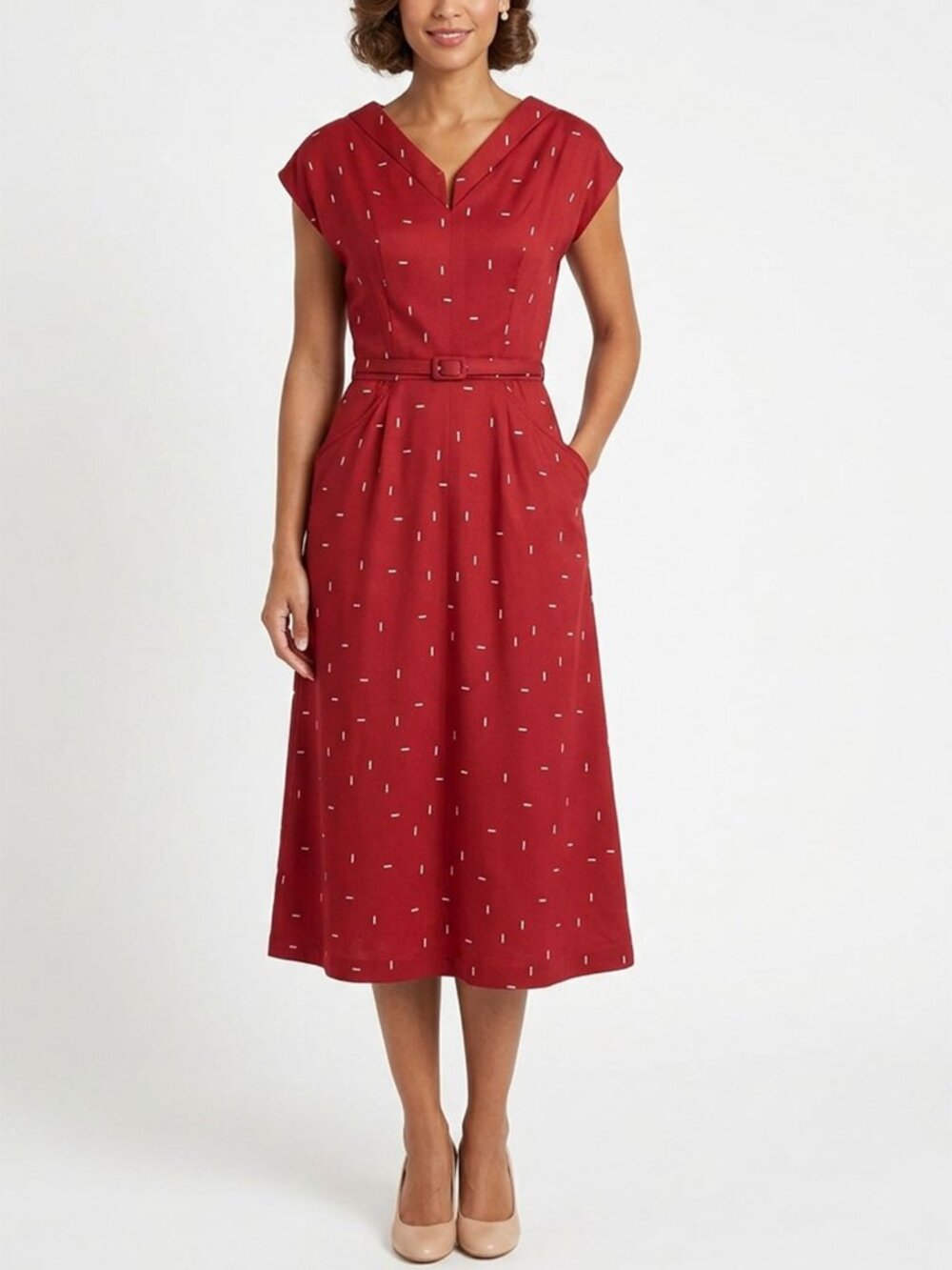 Vintage 1950s Sheila Ruth Frock Red & White Dash Mid-Century Day Dress Belted